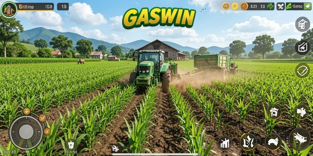 Tampilan gameplay GASWIN dengan suasana pertanian yang cerah dan dinamis.