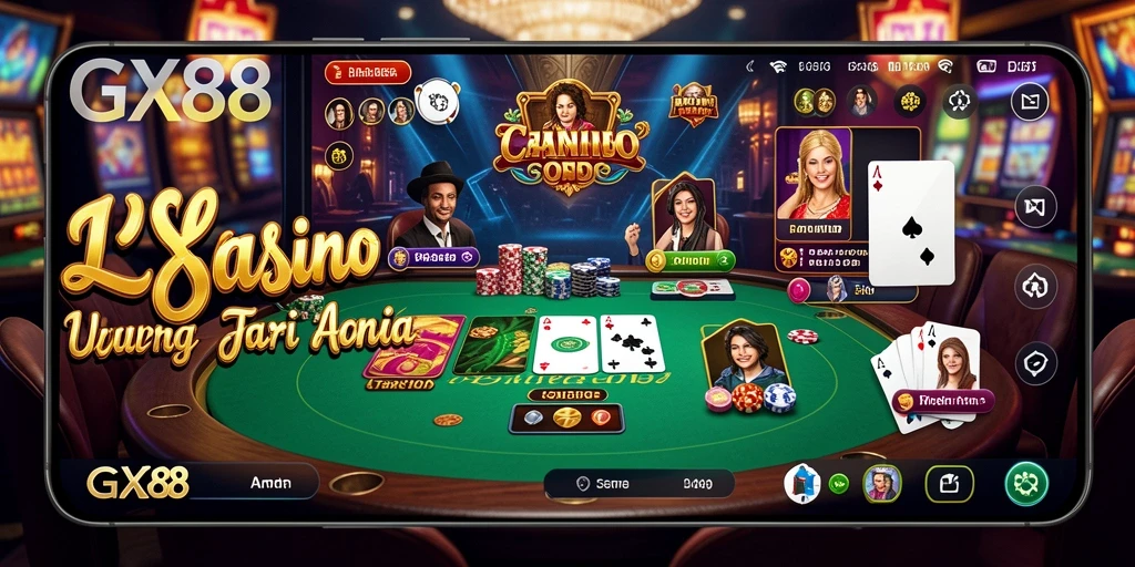 Tampilan gameplay GX88 yang menampilkan dealer langsung di meja kasino.