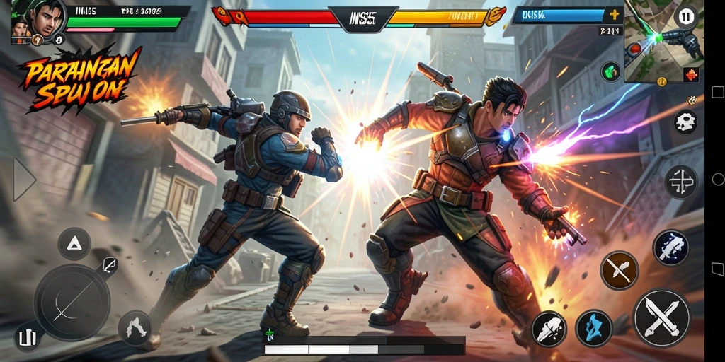 Screenshot gameplay INS55 menunjukkan aksi pertarungan yang mendebarkan.