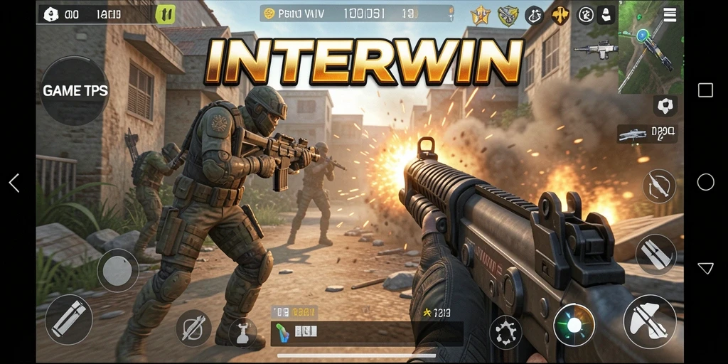 Layar gameplay INTERWIN yang menampilkan aksi tembak-menembak seru.