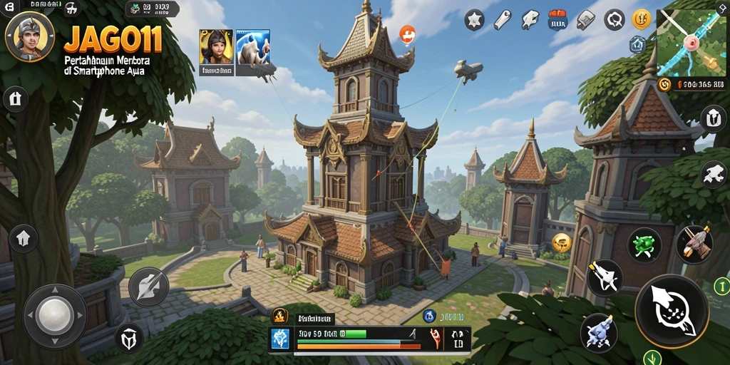 Tampilan gameplay seru di JAGO11 dengan berbagai menara dan karakter.