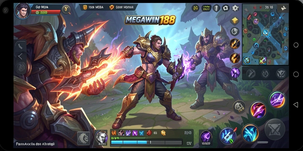 Screenshot gameplay <strong>MEGAWIN188</strong> yang menampilkan aksi pertarungan MOBA.