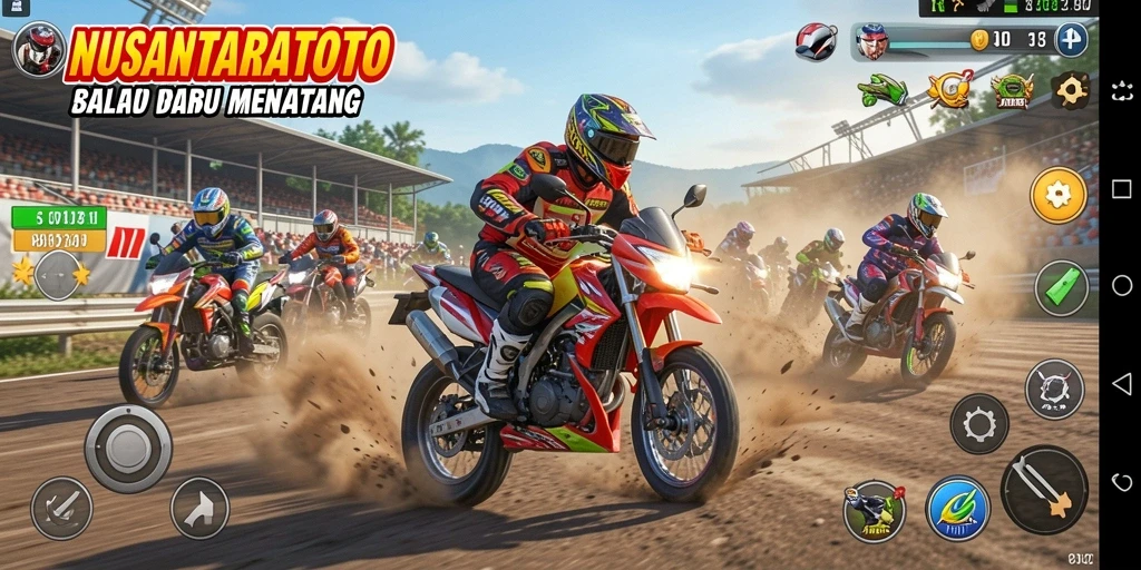 Tampilan gameplay seru dalam NUSANTARATOTO dengan aksi balap motor yang mendebarkan.