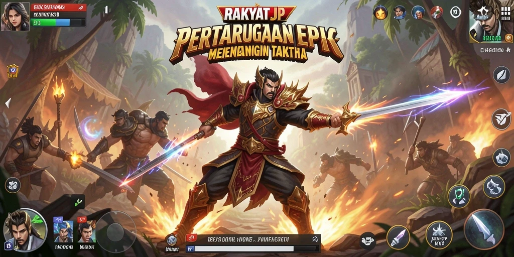 Gameplay intens dalam RAKYATJP dengan karakter bertarung di arena.