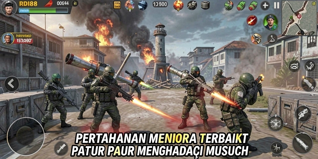 Tampilan gameplay RDI88 menyoroti aksi menara perang melawan musuh.