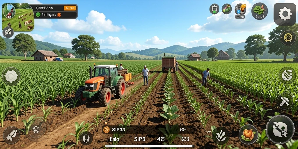 Screenshot gameplay SIP33 dengan berbagai tanaman dan lahan pertanian.
